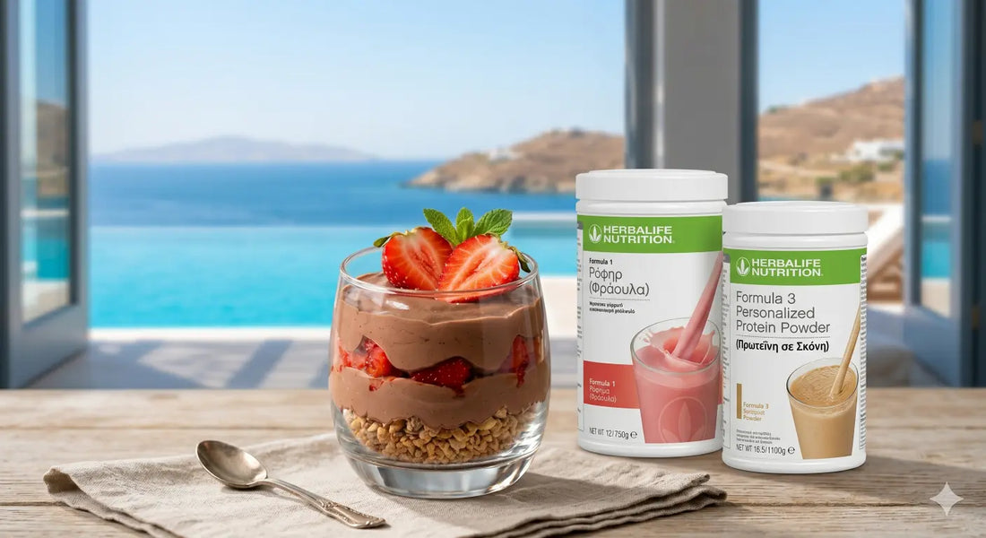 Premium Cheesecake πρωτεΐνης Herbalife σε ποτήρι με θέα το Αιγαίο - Aggeliki's Active World